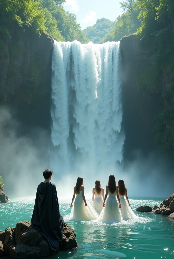 a girl is waiting in the end of waterfall while a guiding a man and holding his hand to go in the girl who is waiting at the end of waterfalls