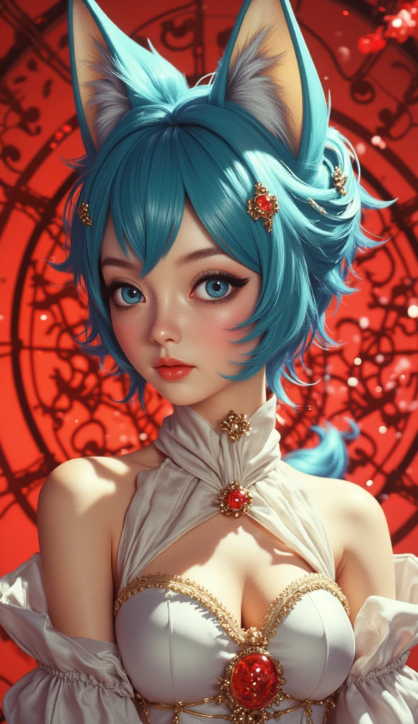  A beautiful young Korean woman .
 blue hair color, seeds, Foot-length , fluttering. 
 fox ears .
 feline eyes.
delicate shoulders.
 SMALL, POINTED BREASTS .
Anime cosplay dress , sexy.
 Long legs, fine, sexy.
 snow-white skin.
 full body .
 Simple red background.
(anime style 32K, 3d, HDR, UHD, intricate detail, extremely intricate detail, hyperrealistic, extremely realistic, high quality,         vivid color        , extremely detailed).