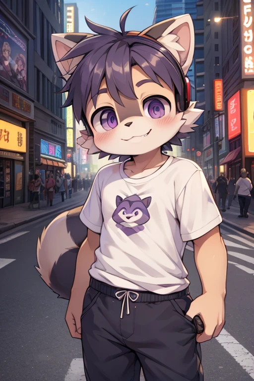 Little furry boy, cute face, raccoon ears, short hairstyle, detailed body, clothes, shirt, pants, purple eyes, headphones on the head, purple veins, attractive smile, cinema shot, lens aperture 1.4, background, city streets, high quality, great work 