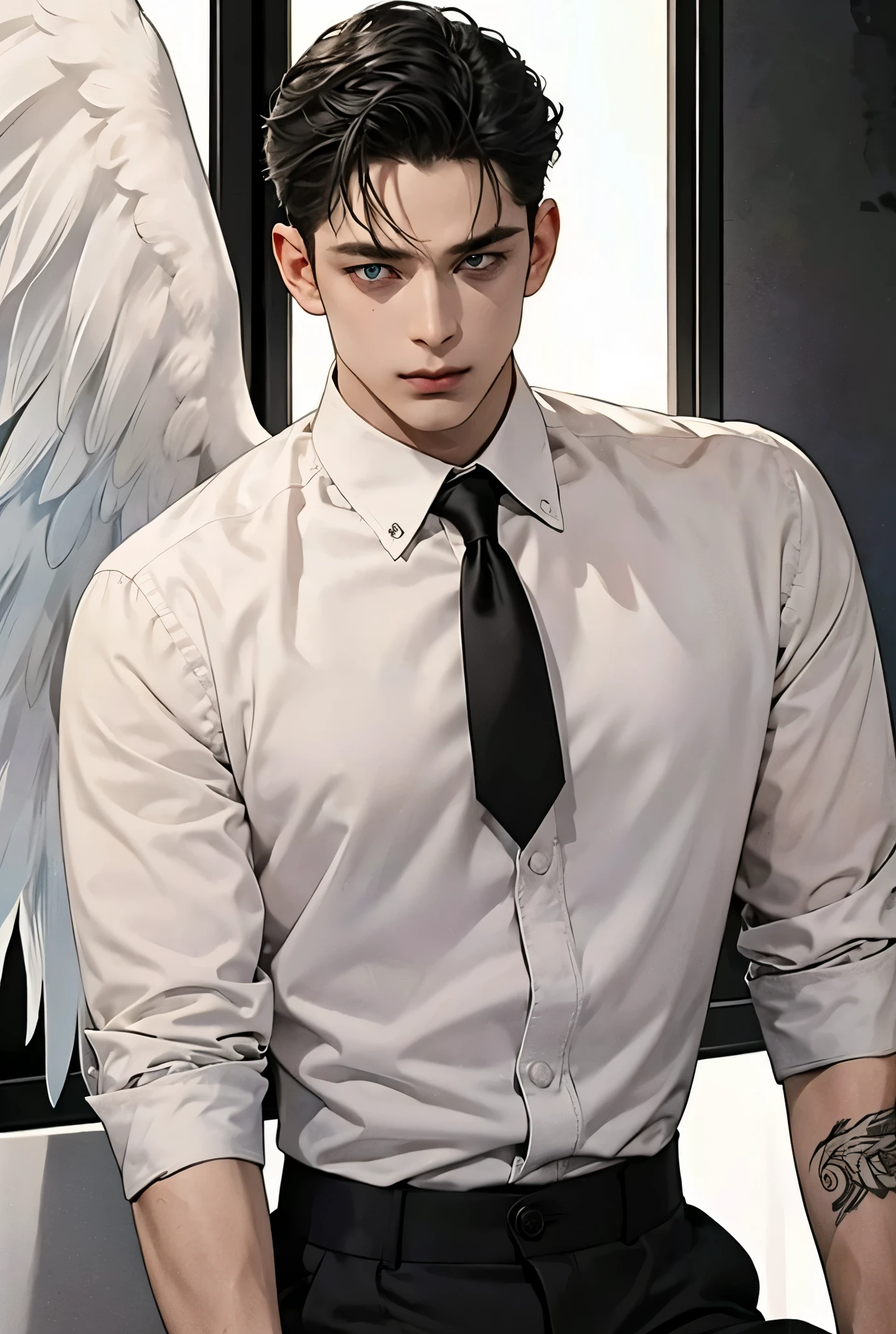 1 man, 32 years old, Blue Eyes, short black hair , angel tattoo on the neck, Mall way, strong, muscular, sexy, gangster, Mafia boss , blue light, Imperial