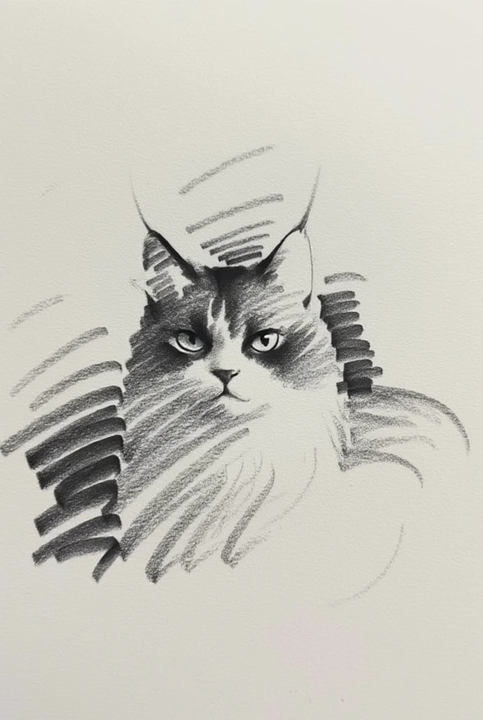 A pencil sketch of a cat with a dynamic and abstract composition. The cat has a striking expression with intense eyes, its fur depicted with flowing and textured pencil strokes. The drawing incorporates layered and curved shading techniques, blending realistic details of the cat's face with artistic abstraction in the body and background. The pencil lines vary in density and thickness, creating depth and movement, while the unfinished and spontaneous style adds a modern, artistic touch. The overall atmosphere is creative and expressive, emphasizing the cat's form and character through minimalist yet bold strokes.