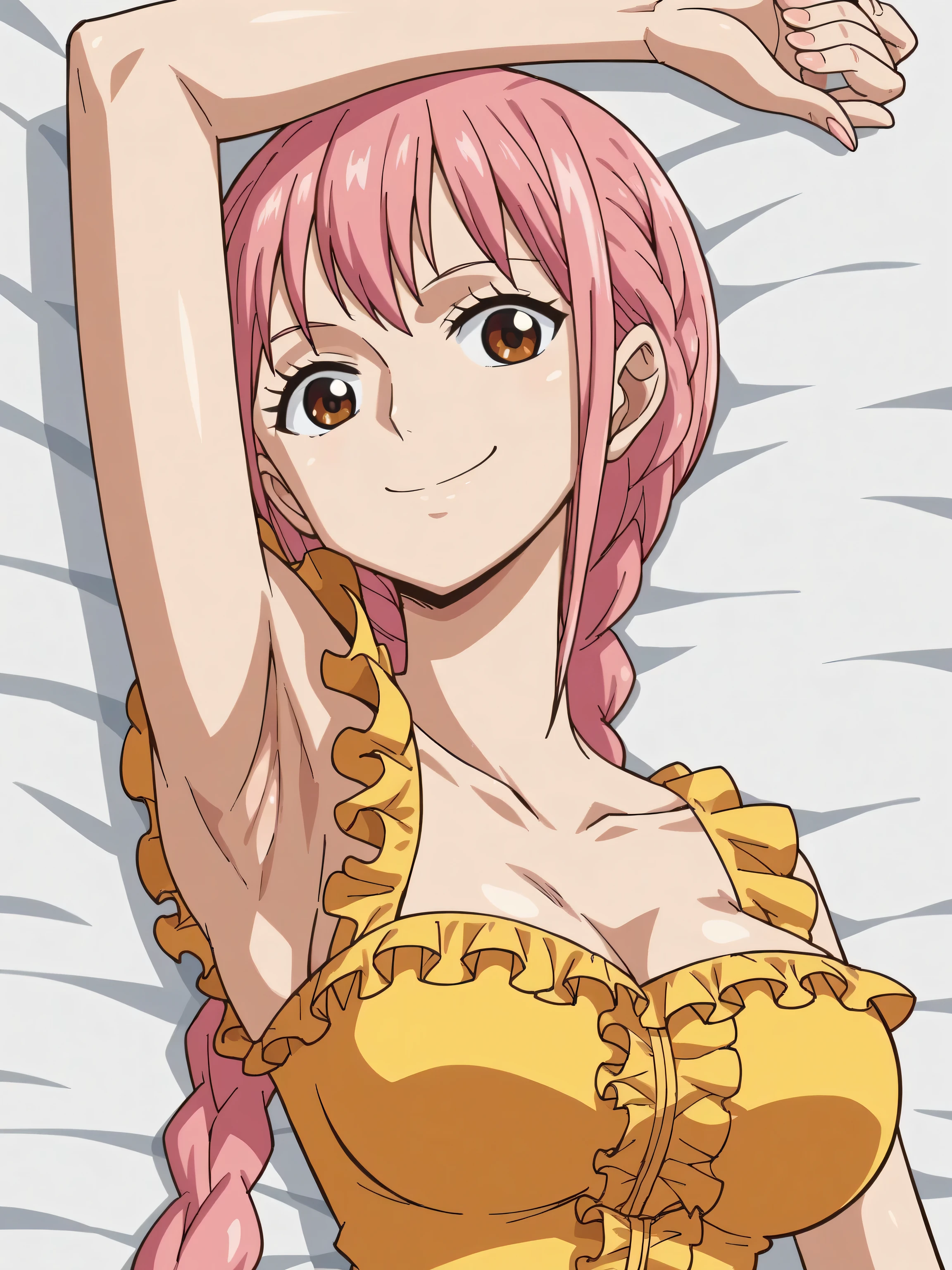 score_9, score_8_up, score_7_up, source_anime, anime screencap, 1girl, solo, RebeccaXLP, pink hair, brown eyes, large breasts, single braid, arm up, raised arm, armpit, looking at viewer, head towards viewer, smile, badhandv4, closed mouth, yellow dress, frills, frilled straps, collarbone, from side, lying in bed 