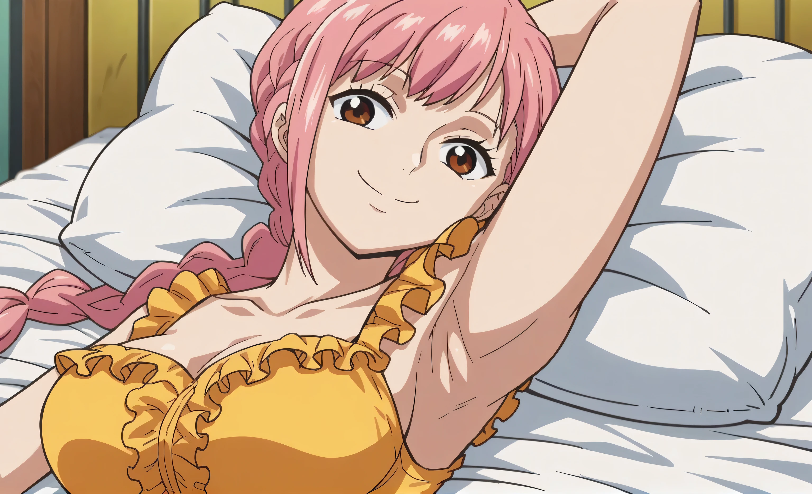 score_9, score_8_up, score_7_up, source_anime, anime screencap, 1girl, solo, RebeccaXLP, pink hair, brown eyes, large breasts, single braid, arm up, raised arm, armpit, looking at viewer, head towards viewer, smile, badhandv4, closed mouth, yellow dress, frills, frilled straps, collarbone, from side, lying in bed 