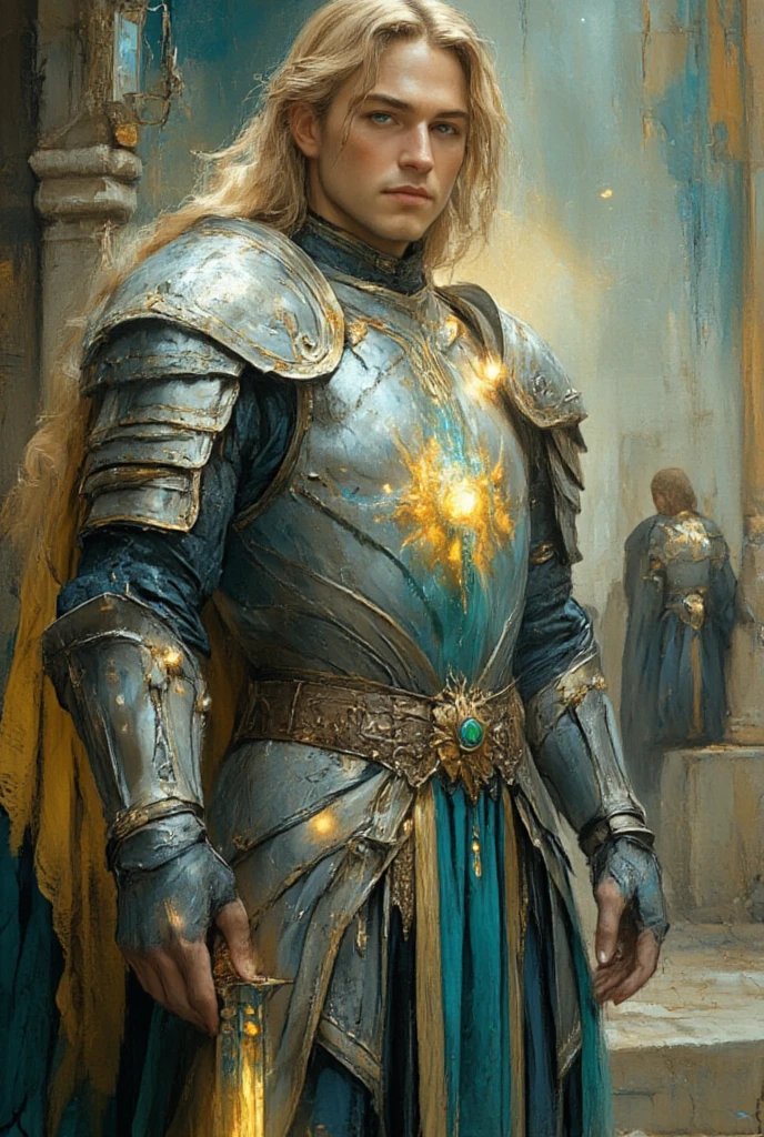 young blond man wearing shiny silver armor with many colors showing his full body muscles, with a beautiful and magical jewel on her chest, fantasy, futurist, aesthetic, magical