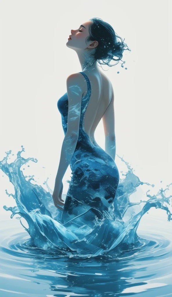 double exposure, a woman dressed in a backless ballroom dress, the dress is made out of water, water wave surrounds the image, the woman closes her eyes and enjoys the serenity