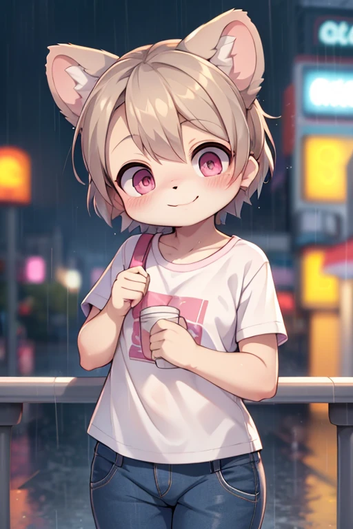 Little furry girl, cute face, koala ears, short hairstyle, detailed body, clothes, shirt, pants, pink eyes, attractive smile, cinematic shot, lens aperture 1.4, rain background, high quality, holds a view, best quality 