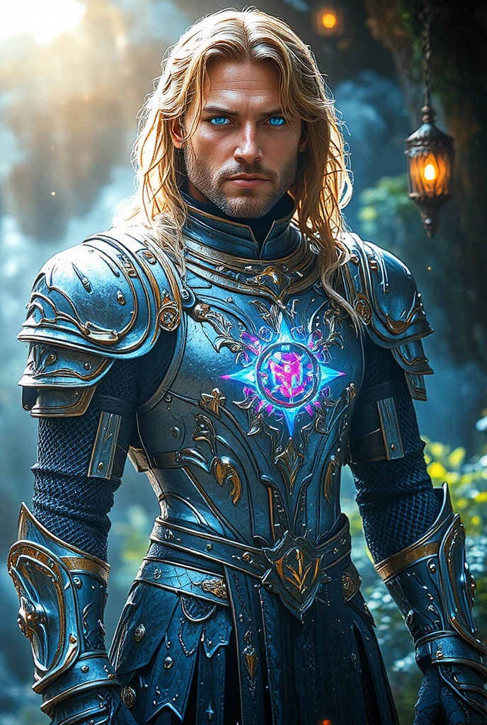 young blond man wearing shiny silver armor with many colors showing his full body muscles, with a beautiful and magical jewel on her chest, fantasy, futurist, aesthetic, magical