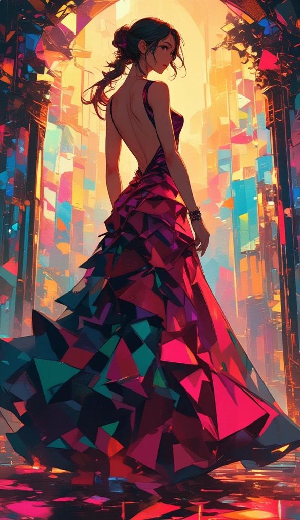 a woman dressed in a backless ballroom dress, the dress is form by polygonal shapes, the background of the image is made out of polygonal patterns