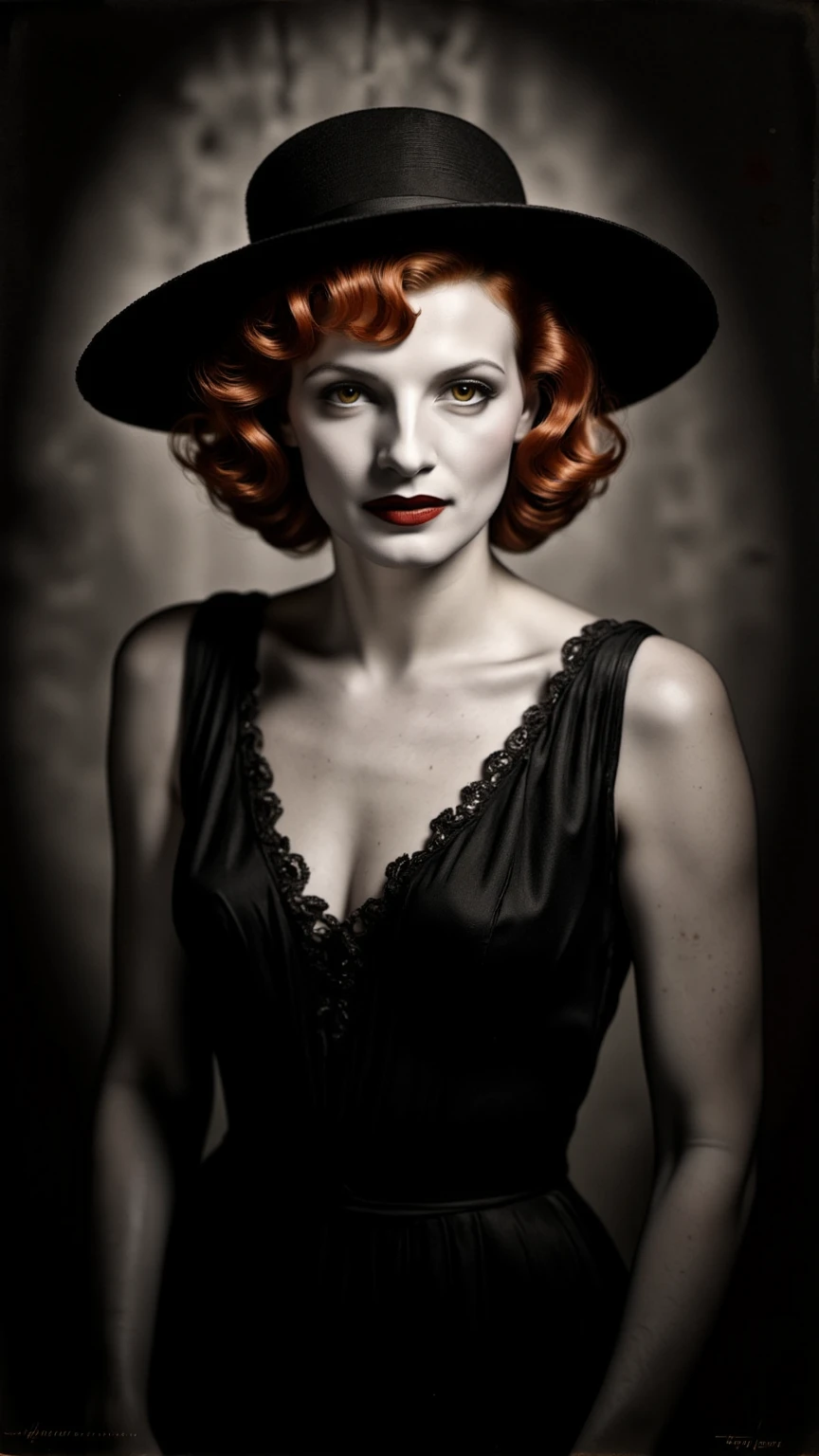 Create a striking 1920s black and white vintage photograph featuring a stunning red-haired femme fatale standing in a suspenseful, eerie setting. She wears an elegant 1920s dress paired with a wide-brimmed hat that adds an air of mystery. Her real skin tone contrasts beautifully with her bold red lipstick, enhancing her captivating presence. The background should evoke a chilling atmosphere, reminiscent of a Hitchcock film, with shadows and subtle hints of a horror theme. Capture her alluring gaze and the dreamlike quality of the scene, making it both haunting and enchanting.