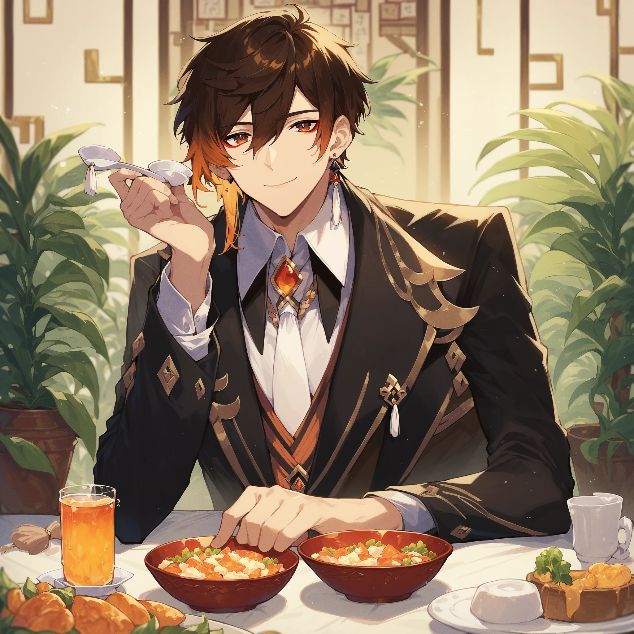 1boy, bangs, black hair, blurry, blurry background, bowl, brown eyes, brown hair, closed mouth, collared shirt, cup, earrings, eyeliner, food, formal, gradient hair, hair between eyes, holding, holding cup, indoors, jacket, jewelry, long hair, long sleeves, looking at viewer, makeup, male focus, multicolored hair, necktie, orange hair, plant, plate, potted plant, red eyeliner , shirt, single earring, sitting, smile, solo, suit, table, tassel, tassel earrings, white necktie