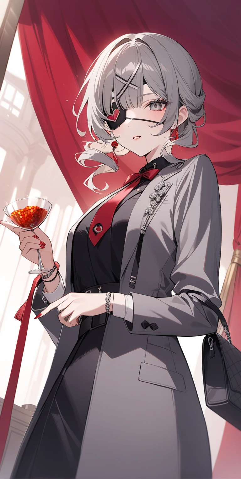 1 woman, gray clothes, blonde, gray eyes, elegant, spicy, with an eye patch, fashionable,