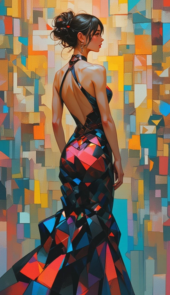 a woman dressed in a backless ballroom dress, the dress is form by polygonal shapes, the background of the image is made out of polygonal patterns