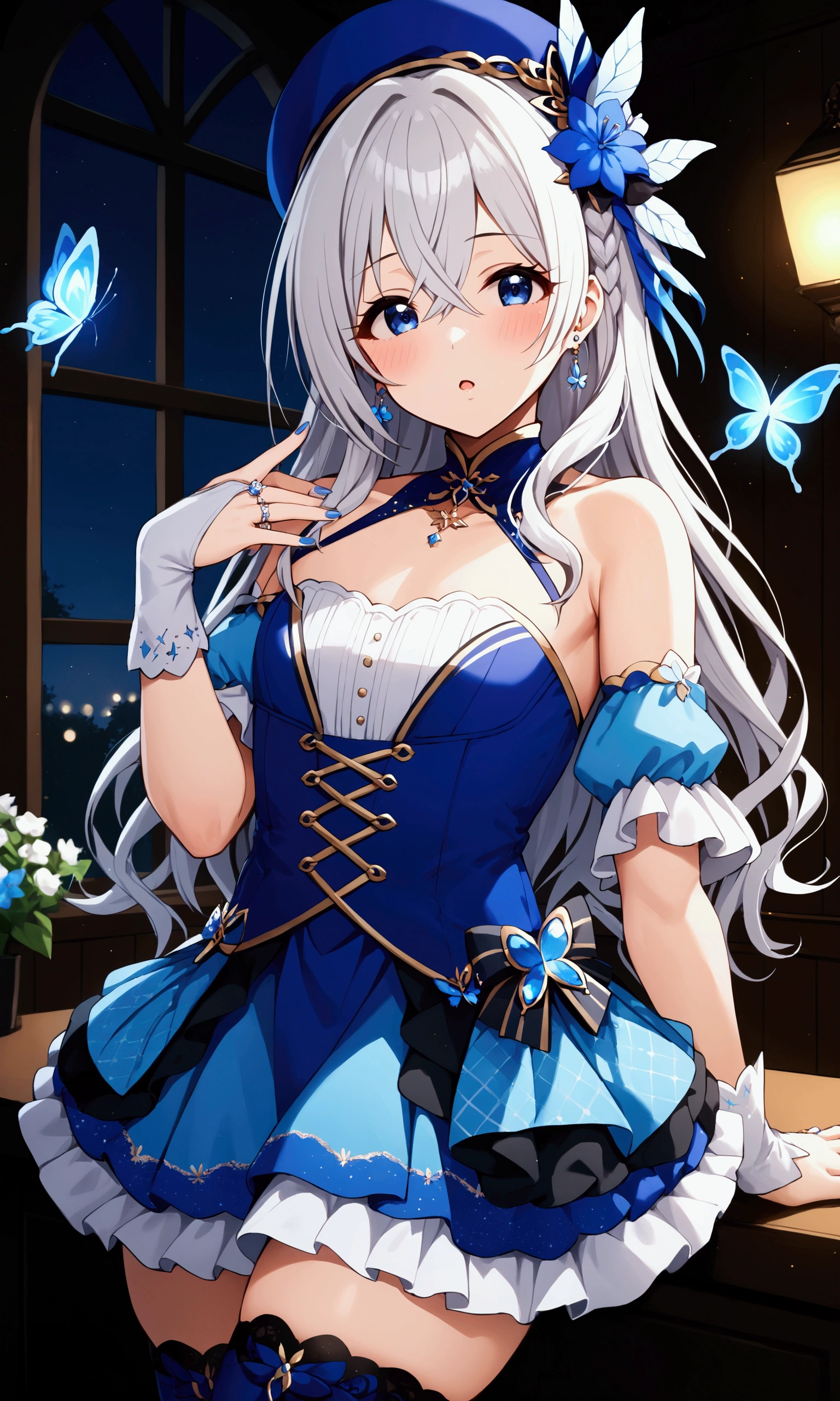 cute & girly (idolmaster), long hair, open mouth, thighhighs, blue eyes, gloves, skirt, jewelry, bare shoulders, idolmaster, indoors, thick thighs masterpiece++, ultra-detailed++, pixiv++, best shadows++, best lighting++, best quality++, cinematic shot, rim lightning, 1girl, jewelry, solo, blue eyes, hair ornament, looking at viewer, ring, braid, bangs, blue nails, flower, blue butterfly, earrings, white hair, hair between eyes, blue flower, butterfly, parted lips, nail polish, bug, long hair, butterfly hair ornament, hair flower, hat, blush, crossed bangs, blue theme, portrait
