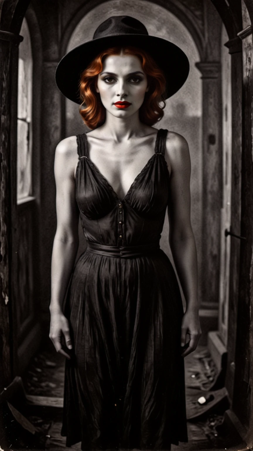 Create a striking 1920s black and white vintage photograph featuring a stunning red-haired femme fatale standing in a suspenseful, eerie setting. She wears an elegant 1920s dress paired with a wide-brimmed hat that adds an air of mystery. Her real skin tone contrasts beautifully with her bold red lipstick, enhancing her captivating presence. The background should evoke a chilling atmosphere, reminiscent of a Hitchcock film, with shadows and subtle hints of a horror theme. Capture her alluring gaze and the dreamlike quality of the scene, making it both haunting and enchanting.