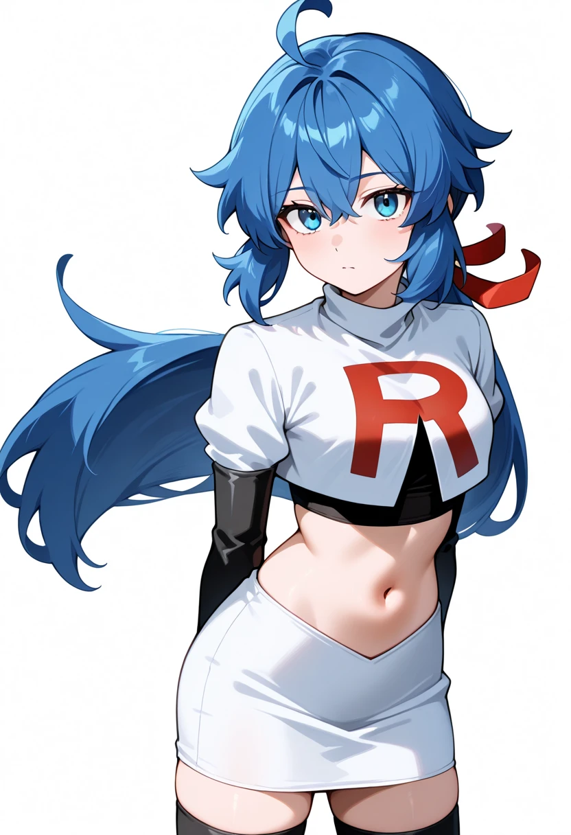 masterpiece, best quality, white background, looking the viewer, 
 1girl, blue hair, blue eyes, hair ribbon, ahoge, long hair, ponytail,  hair between eyes, red ribbon, navel, team rocket,team rocket uniform,white skirt,red letter R,crop top,black thigh-highs,black elbow gloves, cowboy_shot