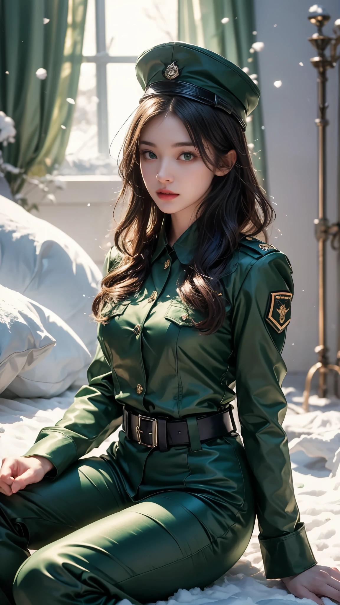 highest quality、16K high resolution、Super detailed、masterpiece、Live shooting、realistic:1.4、hyper realism:1.4、sharp focus、very delicate and beautiful、small details、1 female、(european:1.2)、(blonde)、(spread your legs:1.3)、(showing panties:1.3)、(white panties:1.1)、 (sitting in on a desk)、(super beautiful)、(beautiful face:1.5)、(ponytail, stockings)、(detailed face)、(fine and beautiful eyes)、Perfect round eyes、(detailed lips)、Lipstick、(eyeliner)、mascara、eye shadow、(military uniform)、(olive green pencil skirt,)、white shirt、green suit, tie、At SFW