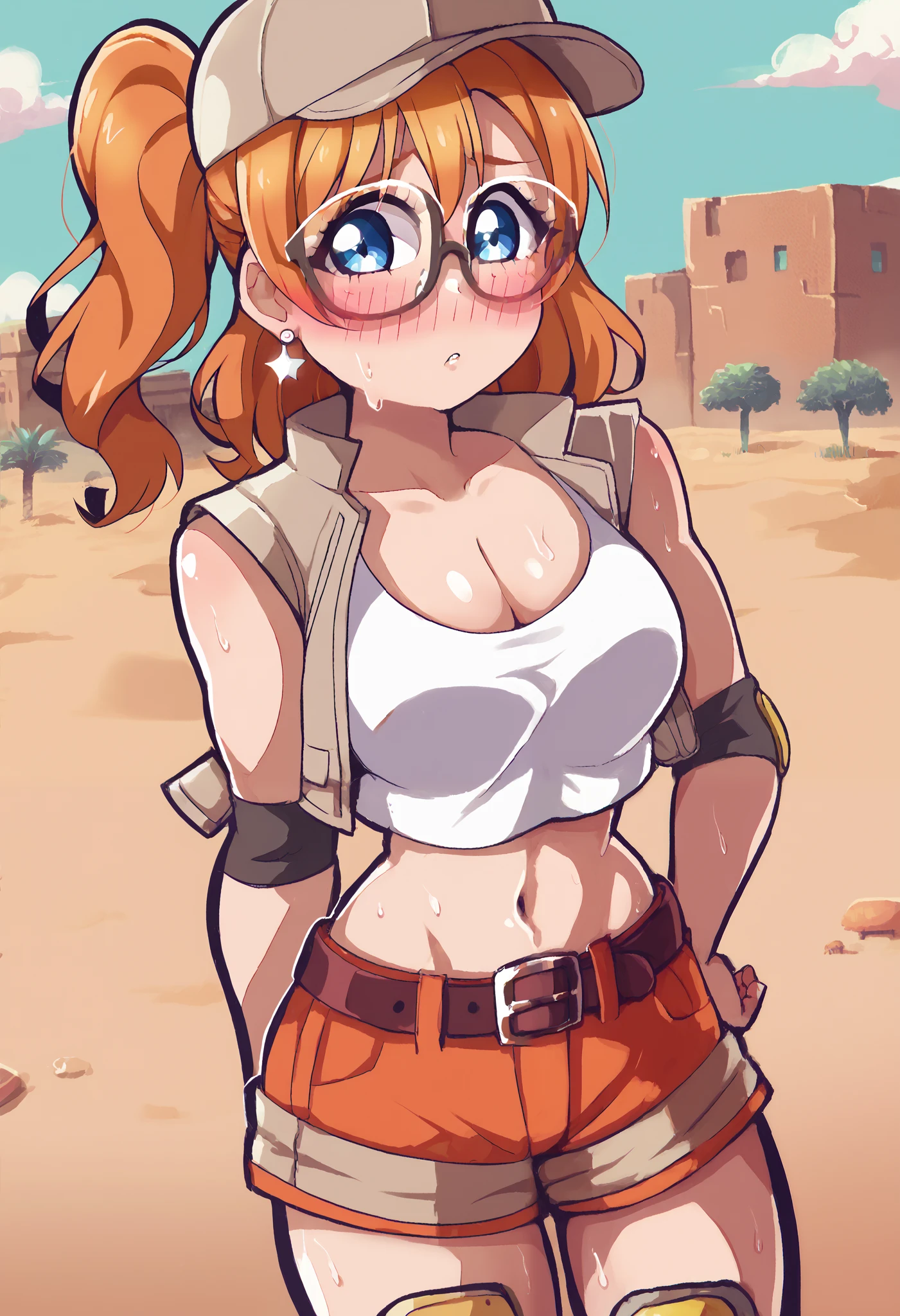 (Masterpiece, Best Quality, High Quality), anime style, , love live,kousaka honoka , kousaka honoka,id_honoka_kosaka,love live, blue eyes, orange hair, glasses, medium hair, ponytail, crop top, hat, jacket, knee pads, short shorts, sleeveless, navel, belt,8k wallpaper, looking at viewer, earrings, outdoors, erotic figure, (blushing:1.2) , sweating, big breasts, cleavage,dbp, desert city