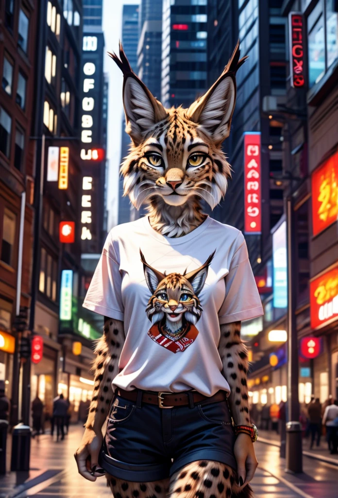 furry female anthro, lynx, detailed fur, white t shirt, city themed background, 