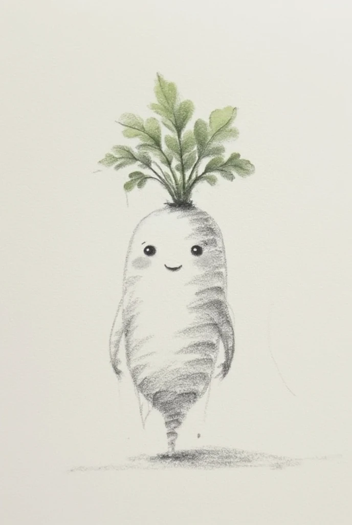 A pencil sketch of a smiling daikon radish with a whimsical and charming expression. The daikon is depicted with a slightly rounded shape, subtle curves, and delicate pencil lines to bring out its organic texture. Its leafy top adds a playful touch, with soft, flowing strokes. The smile is gentle and friendly, giving the radish a lively personality. The composition is simple yet expressive, focusing on the natural beauty of the daikon and its delightful, minimalistic charm.






