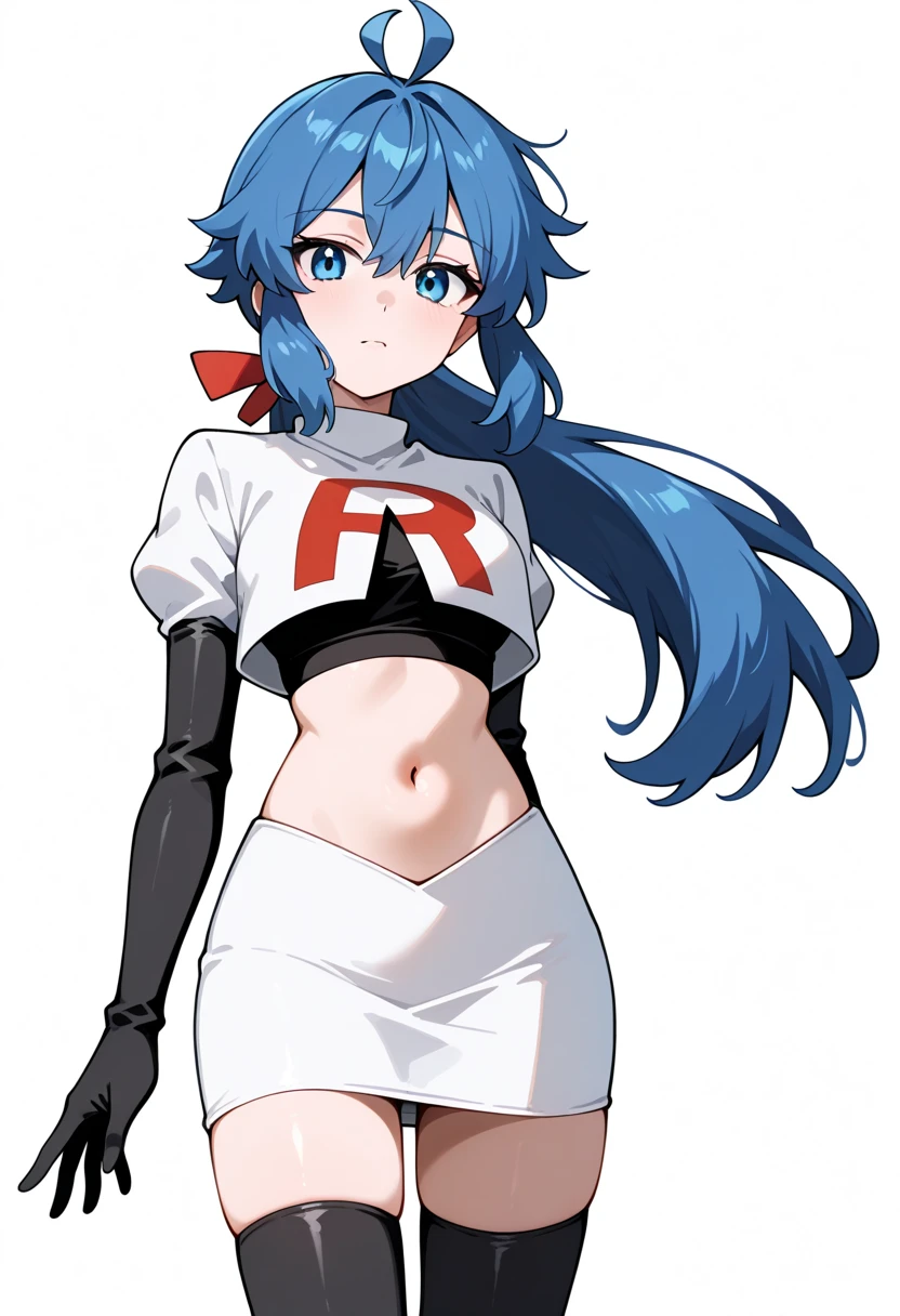 masterpiece, best quality, white background, looking the viewer, 
 1girl, blue hair, blue eyes, hair ribbon, ahoge, long hair, ponytail,  hair between eyes, red ribbon, navel, team rocket,team rocket uniform,white skirt,red letter R,crop top,black thigh-highs,black elbow gloves, cowboy_shot