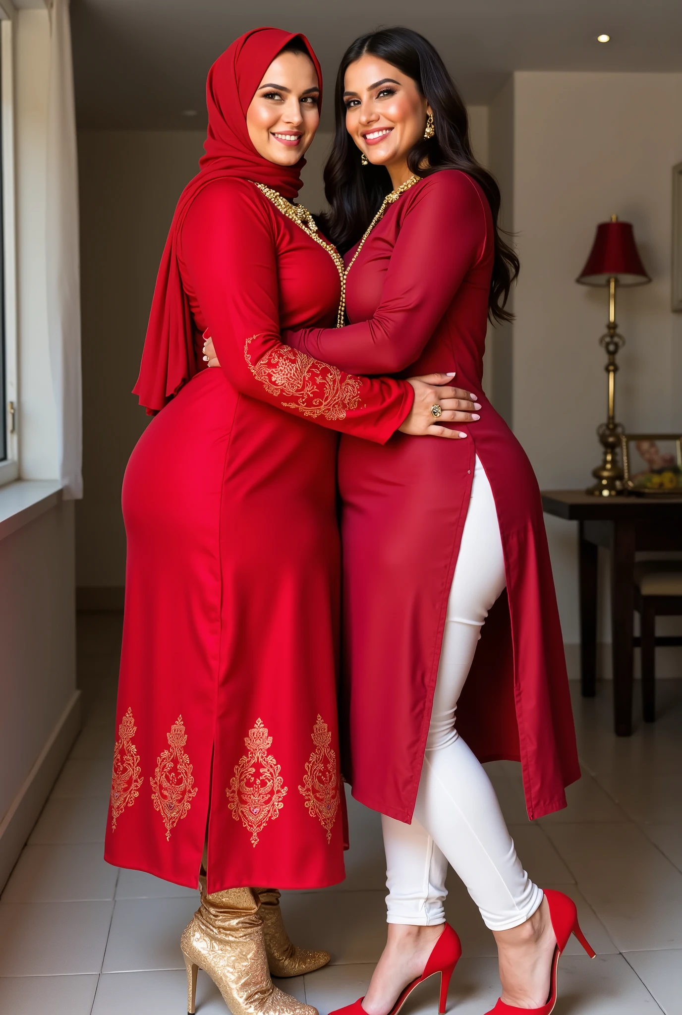 I am 40 year old plus size tall and big giant indian muslim women, looking like indian actress hansika motwani, wearing a red kurti and shining reflective glossy white mid calf length leggings and red hijab,white-skin,white skin tone, beautiful face, red lips, clean skin, celebrity face, thick leggs, round ass,bulging ass,huge breast, i am hugging another 40 plus size tall and big giant indian wife, looking like indian actress anushka shetty, wearing shining reflective glossy golden calf length leggings and black kurti, white skin tone, beautiful face, red lips, clean skin, celebrity face, thick leggs, round ass,bulging ass,huge breast,all indian ornaments like ,gold chain,gold necklace,gold ear ring with chain connect with nose ,nose stud ,auspicious thread in Necklace, Armlet, bangles,red sindur on head,women standing looking the viewer,both women have huge bulging assand wide hips,smiling happy face,red and gold stileto heels,looking straight to camera, realistic photo, looking straight to camera,full body image,wide angle shot in camera, realistic photo,a quarter back side view of women,