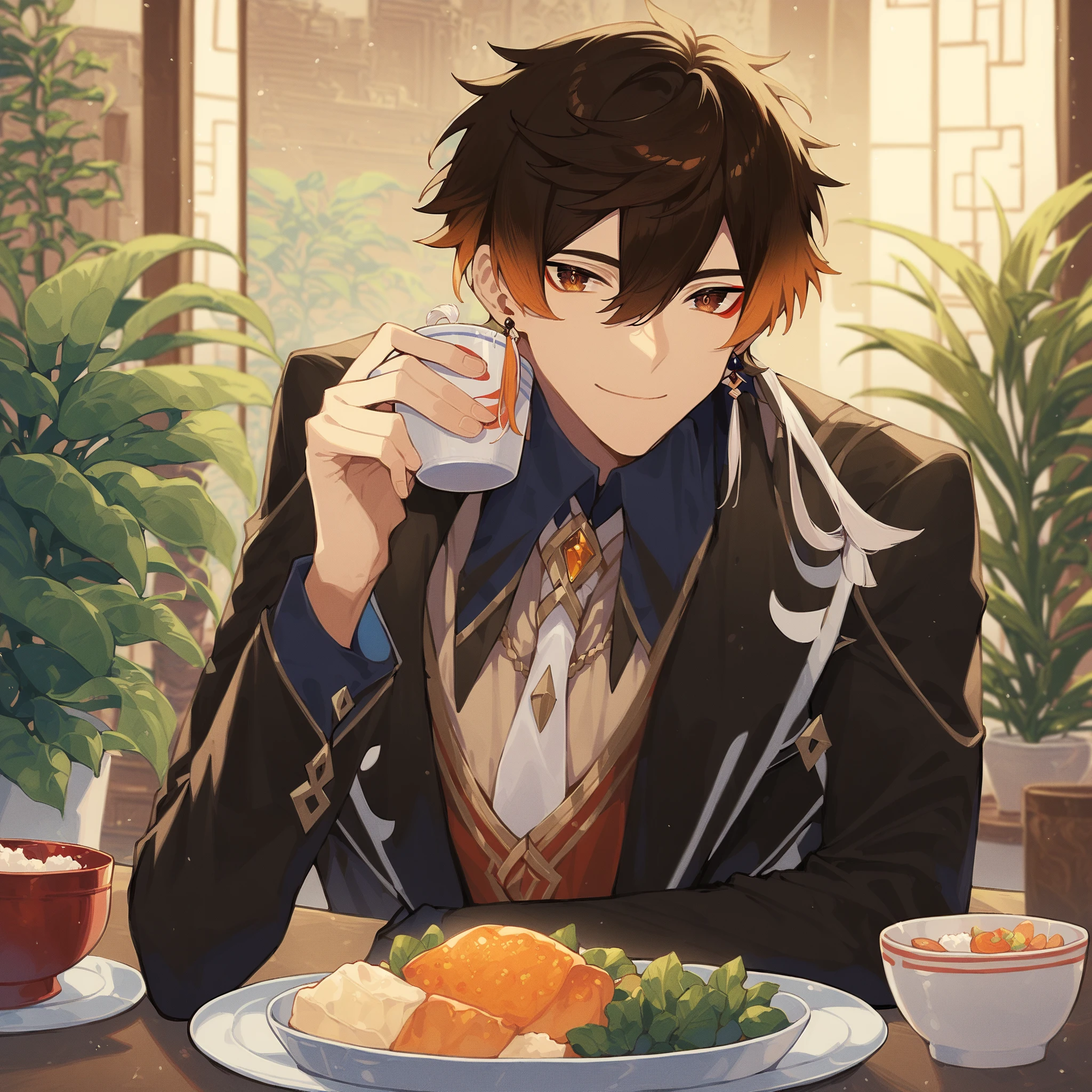 1boy, bangs, black hair, blurry, blurry background, bowl, brown eyes, brown hair, closed mouth, collared shirt, cup, earrings, eyeliner, food, formal, gradient hair, hair between eyes, holding, holding cup, indoors, jacket, jewelry, long hair, long sleeves, looking at viewer, makeup, male focus, multicolored hair, necktie, orange hair, plant, plate, potted plant, red eyeliner , shirt, single earring, sitting, smile, solo, suit, table, tassel, tassel earrings, white necktie