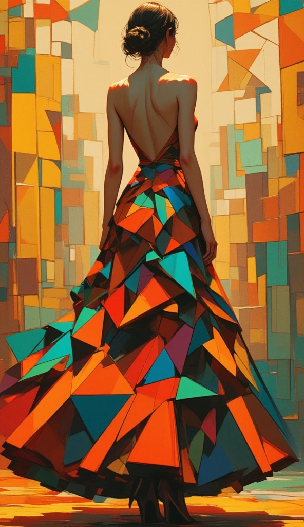 a painting of surrealism, a woman dressed in a backless ballroom dress, the dress is form by polygonal shapes, the background of the image is made out of polygonal patterns