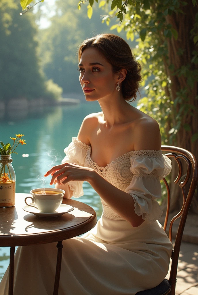 ultra realistic Impressionist oil painting of an italian woman drinking tea sitting at her farmhouse backyard, two large white sheets drying in the back, by Edouard Manet, Raja Ravi Varma and Paul Cézanne mix style, wearing short satin dress, detailed cleavages, detailed Impressionistic painting, broader brush strokes, beautiful day of the Italian summer, lush dried hays in background, intricate, highly detailed, revealing clothes, ((Perfectly detailed Italian countryside farm)), oil on canvas, portrait painting by greg rutkowski, Dramatic portrait, (Signed as 'Lisan Al Ghaib'), 4k UHD Portrait,