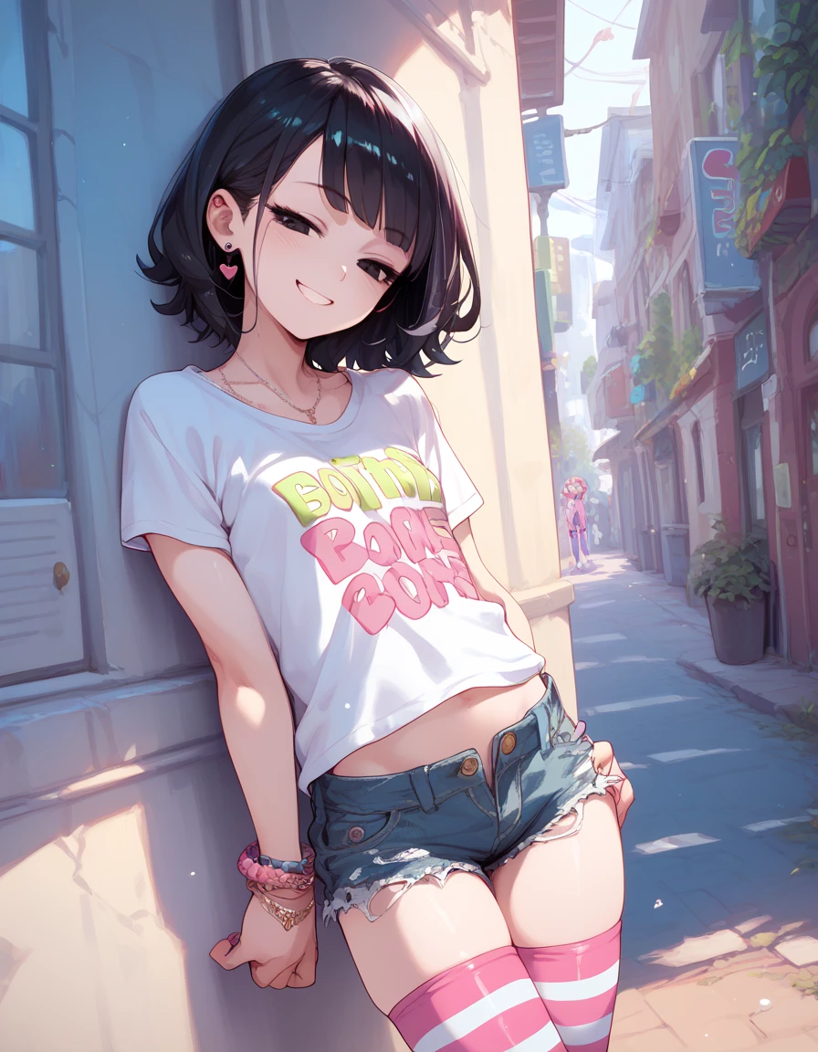 1girl, black hair, , black eyes,,, ,,half closed eyes,,,denim shorts,,,,,,,striped thighhighs,gyaru,,',,,small breasts,shiny body,smile