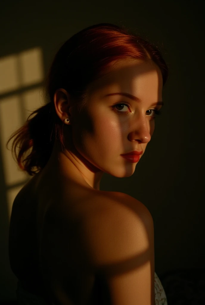 Phenomenal photographic portrait in the ruins. , canon 3.5mm, f1.6, of an average, red hair woman about looking into the camera..  sunlight enters the room and illuminates the right side of her face. The light is found, low key, set to a wide F1.5 aperture, .  Rays of light, strong chiaroscuro, 