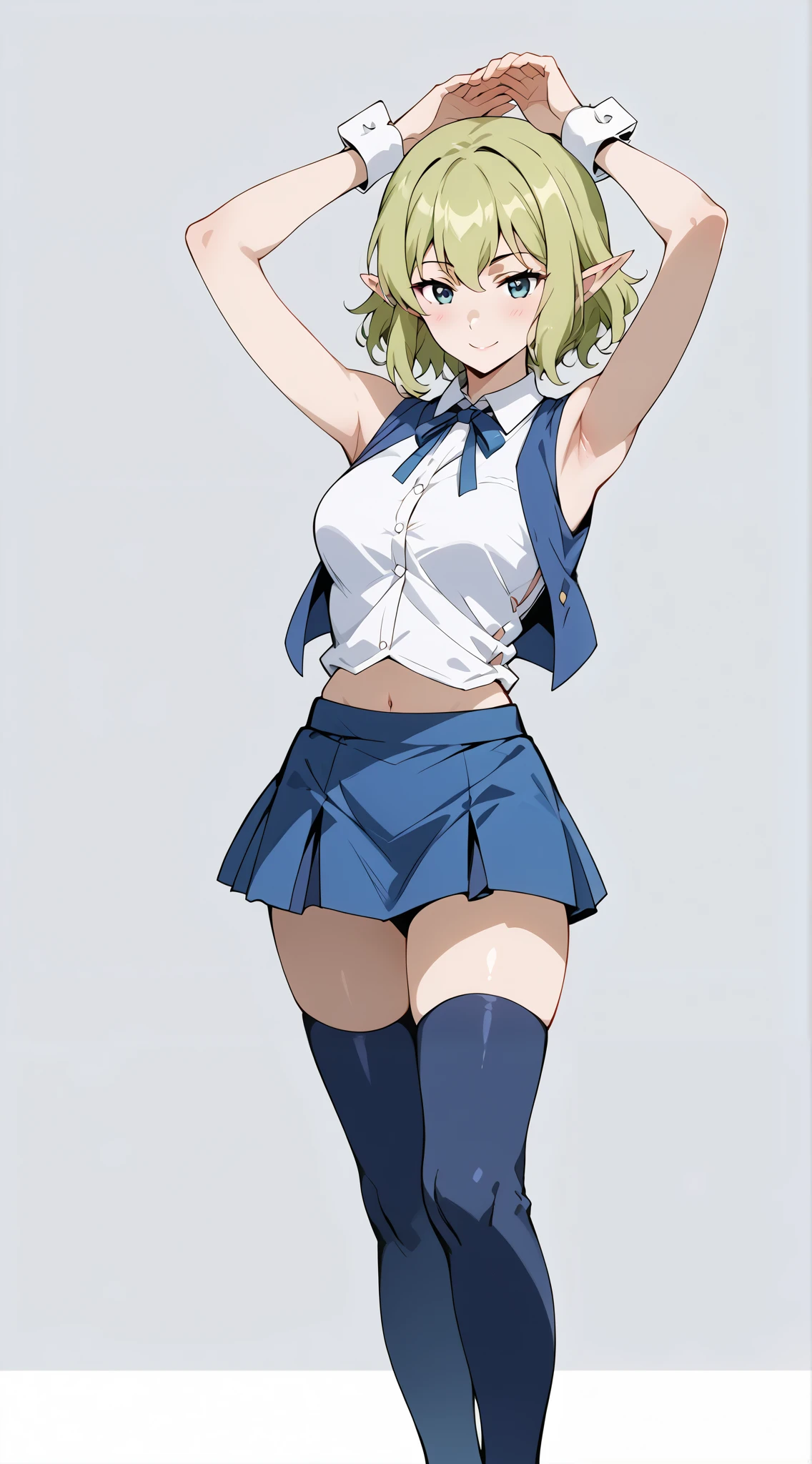 score_9, score_8_up, score_7_up, source_anime, 4K,perfect fingers,(perfect hands, perfect anatomy),prefect lighting, very aesthetic, intricate details,highly detailed background, masterpiece, high quality, best quality, 
1girl, ryuu, green hair, Medium Breast,
wearing ((white shirt,blue vest,sleeveless,blue thighhighs,blue skirt,wrist cuffs,neck ribbon,midriff)),,
looking at the spectator, filed, high thigh individual , (large breasts:0.9),Stand up,fullbody,((White plain background:1.5)) ,((seductive smile)),embarrassed:1.2,((arms up:1.5)),breathless:1.4,