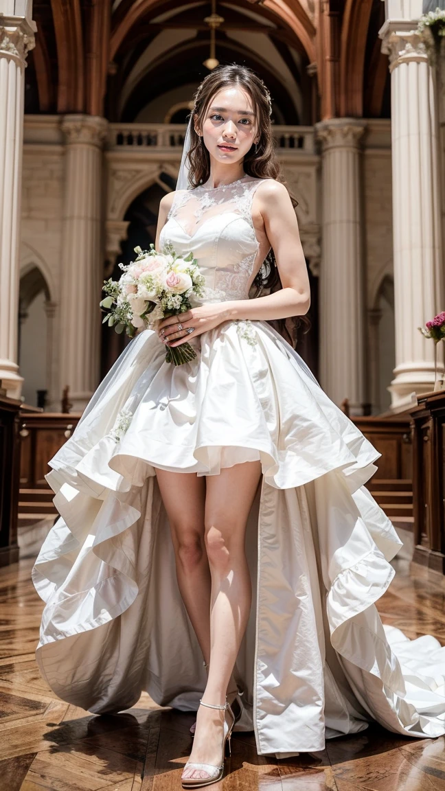 A beautiful young Japanese woman, 26 years old, with healthy thighs, beautiful legs, flawless skin, random hair color and style, large breasts, wearing a (wedding dress:1.3), (she is standing:1.2), full body shot, high heels, holding a bouquet in her hands, in a church setting, (best quality,8k, masterpiece:1.3), (extremely detailed:1.2), perfect anatomy, Yui Aragaki