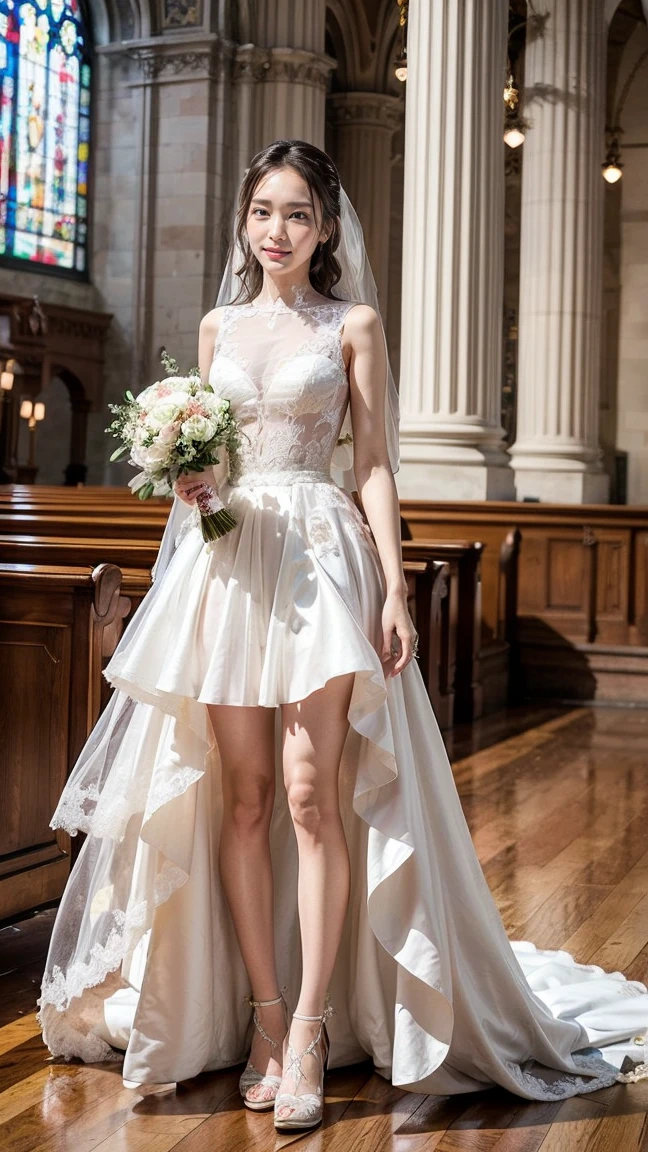 A beautiful young Japanese woman, 26 years old, with healthy thighs, beautiful legs, flawless skin, random hair color and style, large breasts, wearing a (wedding dress:1.3), (she is standing:1.2), full body shot, high heels, holding a bouquet in her hands, in a church setting, (best quality,8k, masterpiece:1.3), (extremely detailed:1.2), perfect anatomy, Yui Aragaki