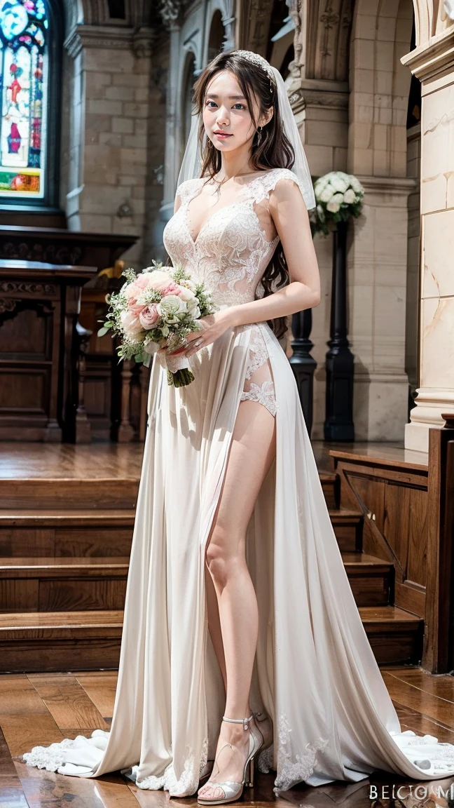 A beautiful young Japanese woman, 26 years old, with healthy thighs, beautiful legs, flawless skin, random hair color and style, large breasts, wearing a (wedding dress:1.3), (she is standing:1.2), full body shot, high heels, holding a bouquet in her hands, in a church setting, (best quality,8k, masterpiece:1.3), (extremely detailed:1.2), perfect anatomy, Yui Aragaki