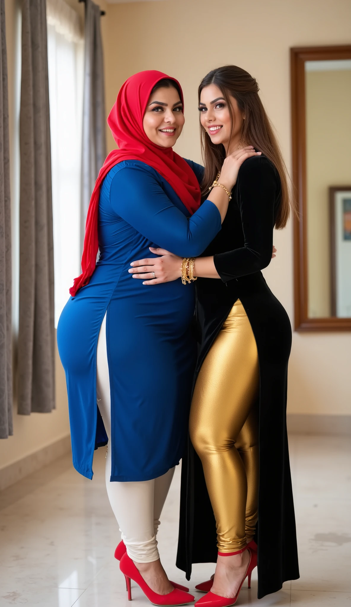 I am 40 year old plus size tall and big giant indian muslim women, looking like indian actress hansika motwani, wearing a blue kurti and shining reflective glossy cream mid calf length leggings and red hijab,white-skin,white skin tone, beautiful face, red lips, clean skin, celebrity face, thick leggs, round ass,bulging ass,huge breast, i am hugging another 40 plus size tall and big giant indian wife, looking like indian actress anushka shetty, wearing shining reflective glossy golden calf length leggings and black kurti, white skin tone, beautiful face, red lips, clean skin, celebrity face, thick leggs, round ass,bulging ass,huge breast,all indian ornaments like ,gold chain,gold necklace,gold ear ring with chain connect with nose ,nose stud ,auspicious thread in Necklace, Armlet, bangles,red sindur on head,women standing looking the viewer,both women have huge bulging assand wide hips,smiling happy face,red and gold stileto heels,looking straight to camera, realistic photo, looking straight to camera,full body image,wide angle shot in camera, realistic photo,a quarter back side view of women,