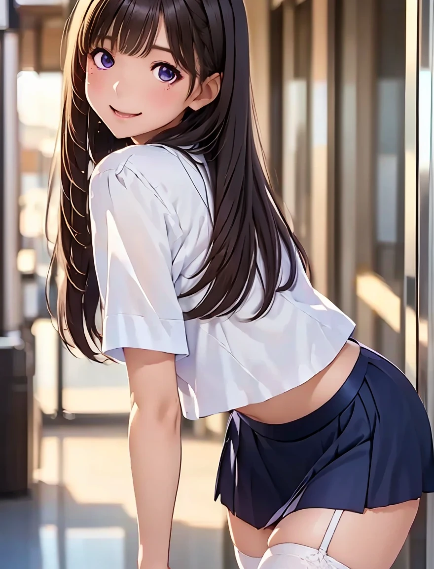    high res ,In 8K, best quality, Details, semi-realistic anime , D Anime Style , Smooth Anime CG , One Girl , 19-year-old Japanese woman on a luxury liner , slim,modeling,((輝く瞳)),(Maroon Glowing Hair ), Shiny brown hair, Detailsな顔,Beautiful and  Details,(( Deep Blue-Purple Sparkling Eyes )),( close your mouth),(Laughter),(( and turn around)),(Posing), ( White Cut & Sewn), skirt flip,( black stockings ),( high heels by Miguel),(((Crop Skirt))),(( Very Attractive Uniform  )), ((Curvy pose)), ( lean forward ),