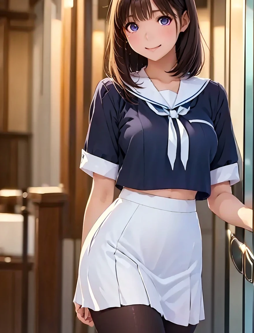    high res ,In 8K, best quality, Details, semi-realistic anime , D Anime Style , Smooth Anime CG , One Girl , 19-year-old Japanese woman on a luxury liner , slim,modeling,((輝く瞳)),(Maroon Glowing Hair ), Shiny brown hair, Detailsな顔,Beautiful and  Details,(( Deep Blue-Purple Sparkling Eyes )),( close your mouth),(Laughter),(( and turn around)),(Posing), ( White Cut & Sewn), skirt flip,( black stockings ),( high heels by Miguel),(((Crop Skirt))),(( Very Attractive Uniform  )), ((Curvy pose)), ( lean forward ),