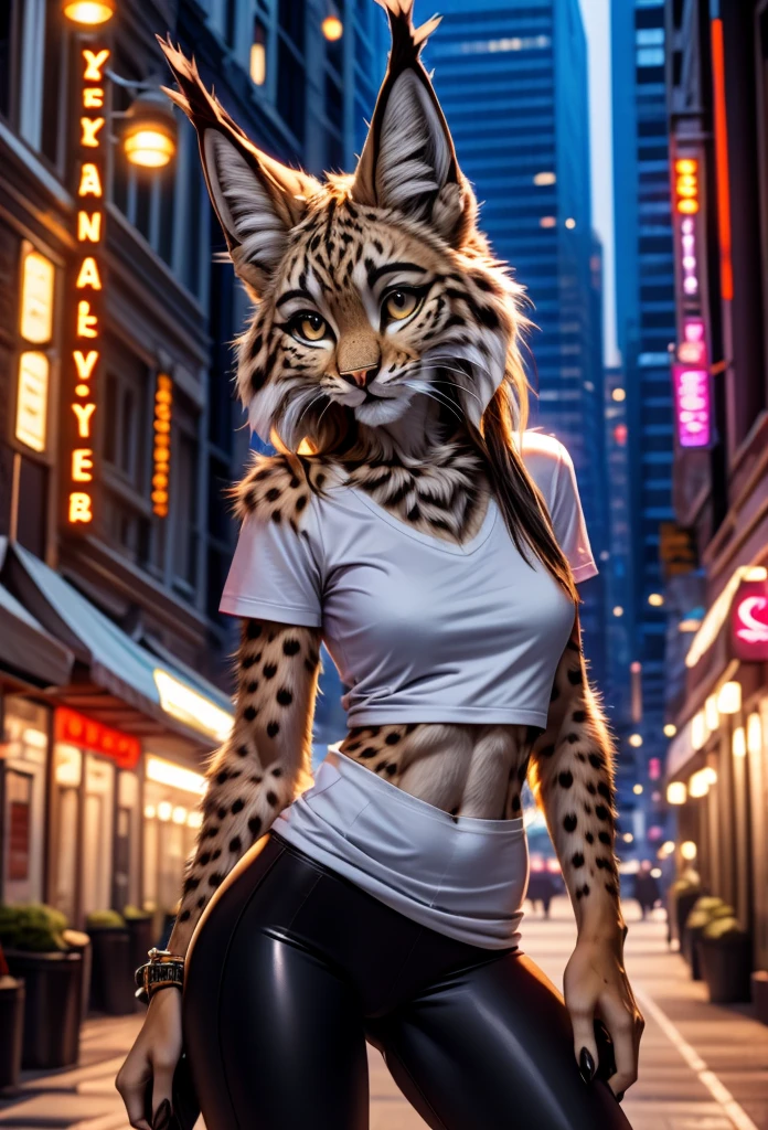 furry female anthro, lynx, detailed fur, white t shirt, black leggings, city themed background, slim body, slim leggings,