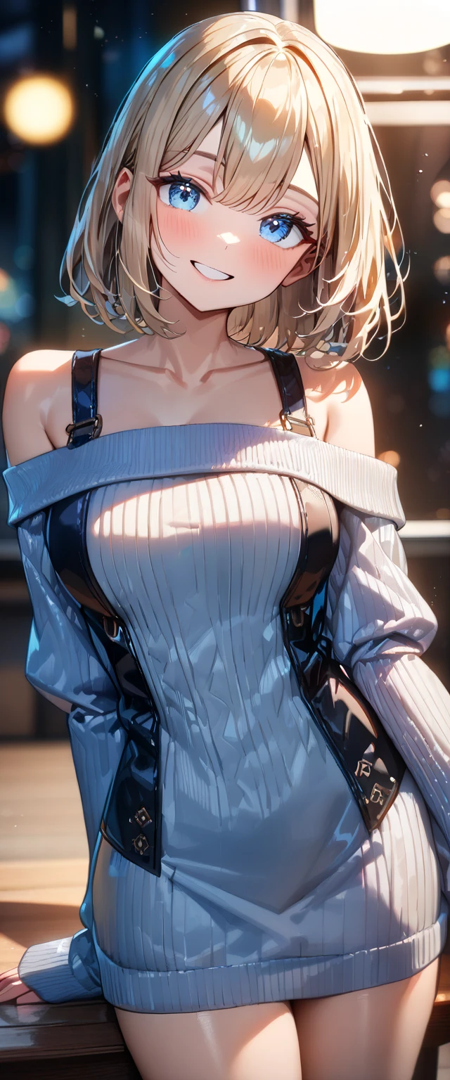 (((One girl))), blond hair, bob cut, big breasts, from side, (cowboy shot), (looking at viewer), ((black hot pants)), ((black virgin killer sweater)), face in focus, teenager, head tilt:1.3, (((blue eye))), ((happy smile)), ((blush)), ((own hands together)), anime style, (best quality, 4k, 8k, highres, masterpiece:1.2, ultra-detailed, ultra-detailed eyes, HDR, UHD, studio lighting, ultra-fine painting, sharp focus, physically-based rendering, extreme detail description, professional, vivid colors, bokeh)