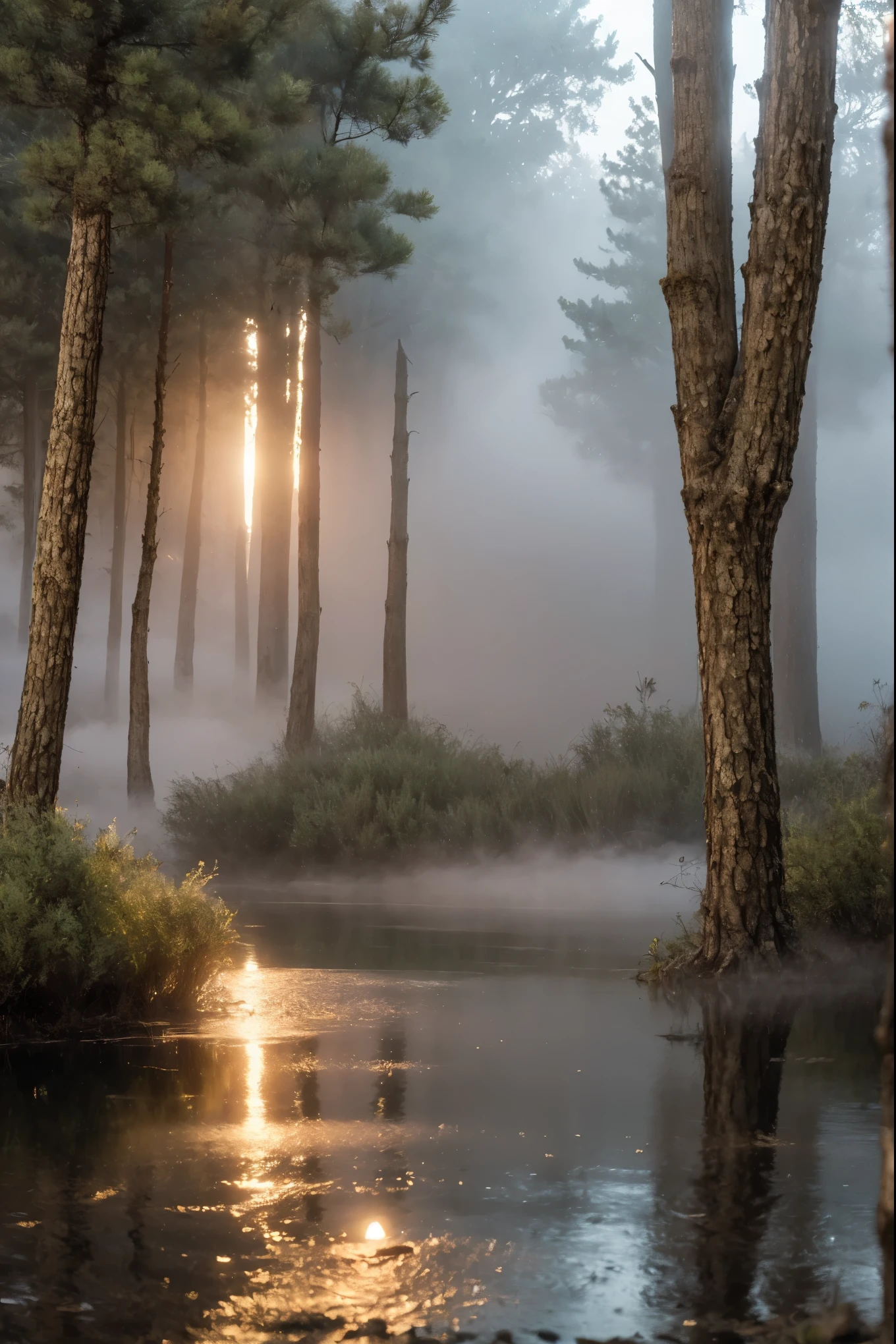 (masterpiece, best quality:1.2, 8k RAW photo, cinematic, high detailed photograph, natural soft lighting, photorealistic, realistic, mystic atmosphere), a full body photograph of a young beautiful female forest ghost with medium breast, ((bare naked, fully nude)), (((coming out of the deep foggy lake, in a natural foggy forest, thick fog))), (heavy rain:1.5), temptating, seducing, hypnotizing viewer to join her in the spirit world, (looking to viewer),(((mystical night scene)))
