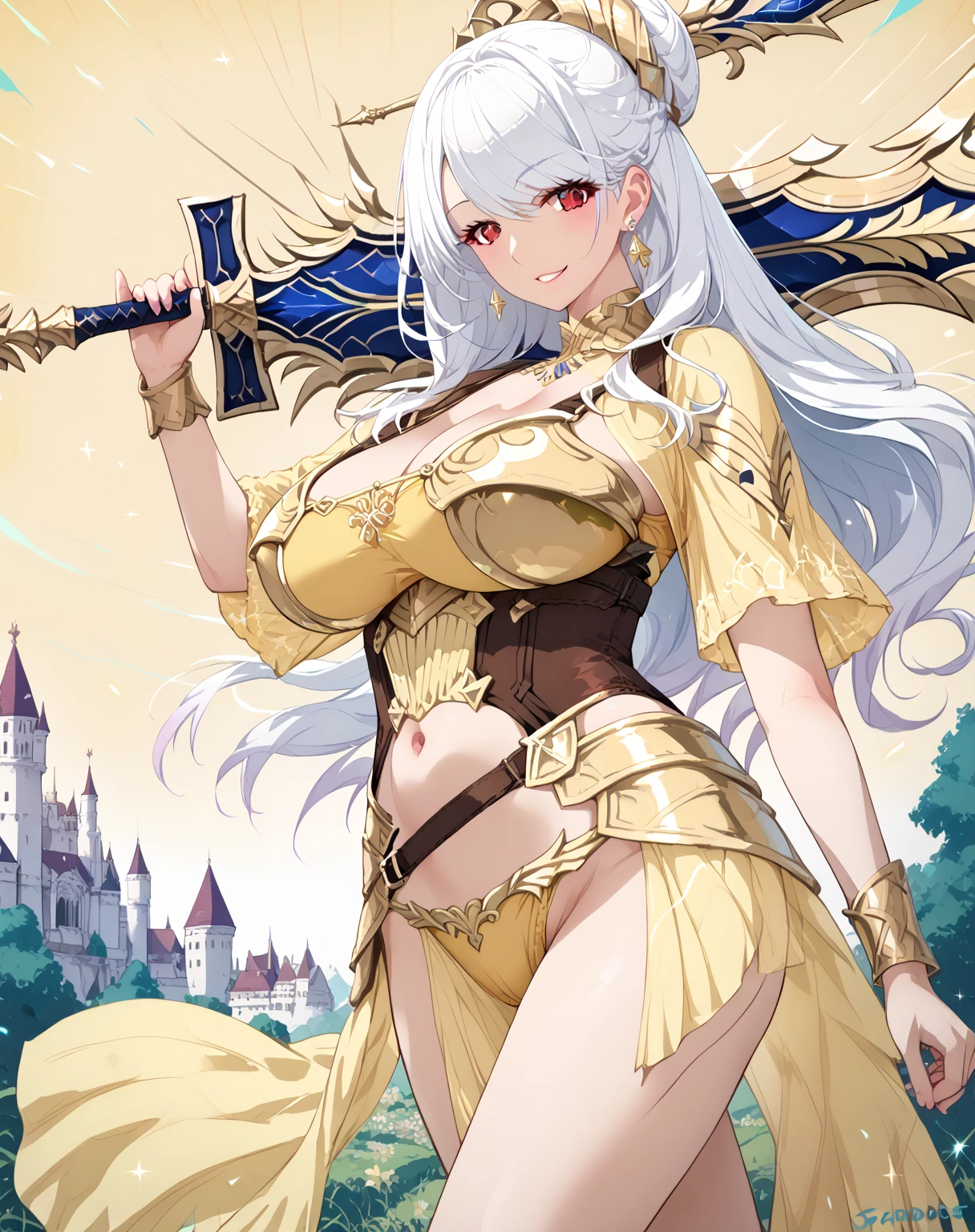 score_9, score_8_up, score_7_up, source_anime, 1girl, huge breasts, large breasts, curvy, voluptuous, white hair (straight bangs), red eyes, long hair, golden bikini armor, earrings, smile, standing, holding sword-over-shoulder, weapon over shoulder, solo focus, castle scenary, outdoors, fantasy theme