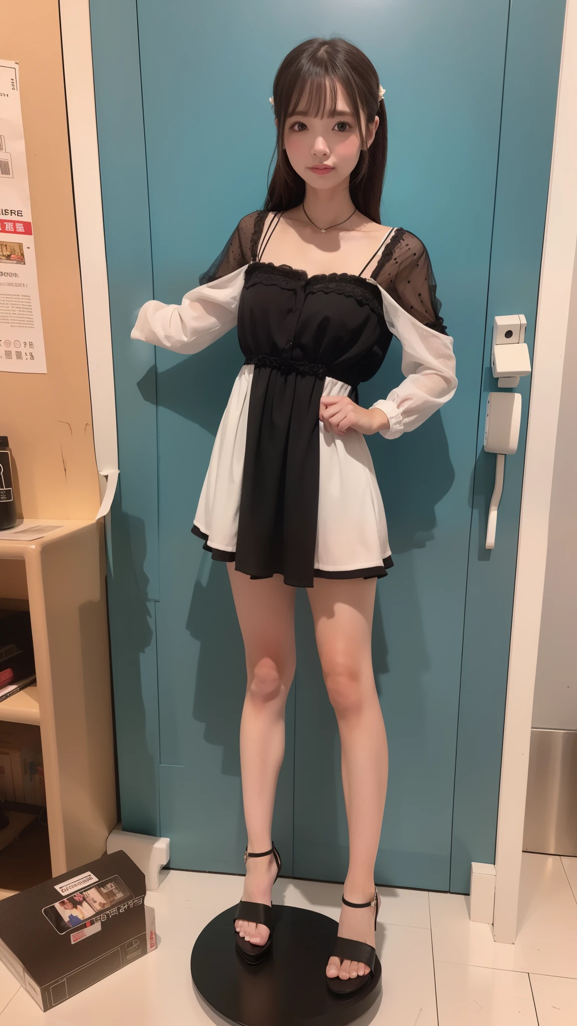 (Full body portrait)、Japanese、最強のJapanese美少女、Cute Face、Idol's face、Idol Master、Top Knot、She looks like she's 12'She is very childish'20-year-old、(((((Only one breast is visible through the dress)))))