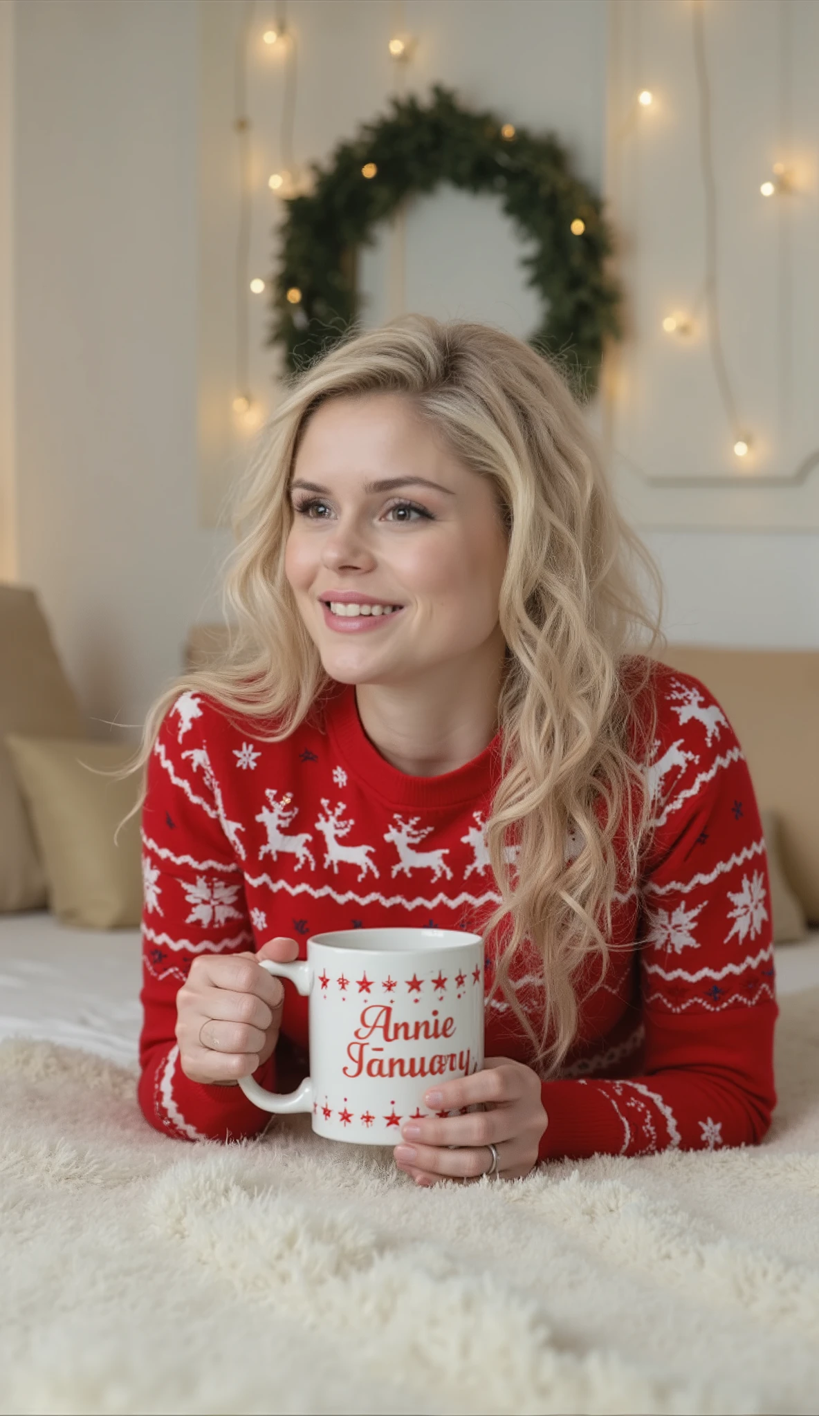 A young woman in her 30s with long blonde hair. The woman smiles and looks into the distance. The woman is wearing a bright red Christmas jumper with traditional winter patterns: snowflakes and reindeer. The woman's face is well lit. The woman is lying on a fluffy white blanket, leaning on her elbows, and holding a white mug with a Christmas pattern and the inscription "Annie January id.woman_vamp" in red. The mug is decorated with snowflakes and small patterns. The background of the image is light and cosy, with white and soft beige shades prevailing. In the back part of the frame you can notice Christmas decor: garlands in the form of glowing stars on the wall and a Christmas wreath, creating a festive atmosphere. You can also see a part of a pillow and a small gift wrapped in brown paper. The overall mood of the photo is festive, warm and cosy, perfectly reflecting the spirit of Christmas and the winter season.