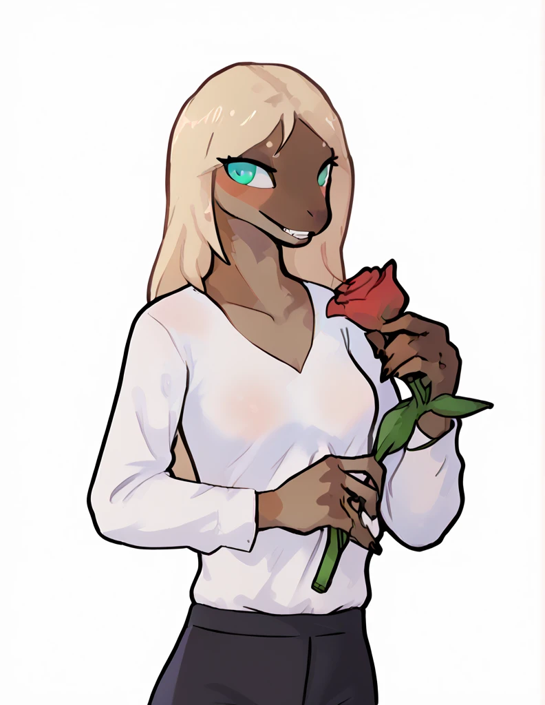 furry anthro Girl,  a woman with a slender body ,  long boobs ,  and long wild hair ,  dressed in a loose white shirt from the 17th century , tight to the chest ,  open neckline and pronounced ,  romantic novel clothing ,  holding a rose flower with her teeth ,  is romantically and sexually insinuated to the spectator, pose sensual,  the spectator touches her chest and the girl smiles  