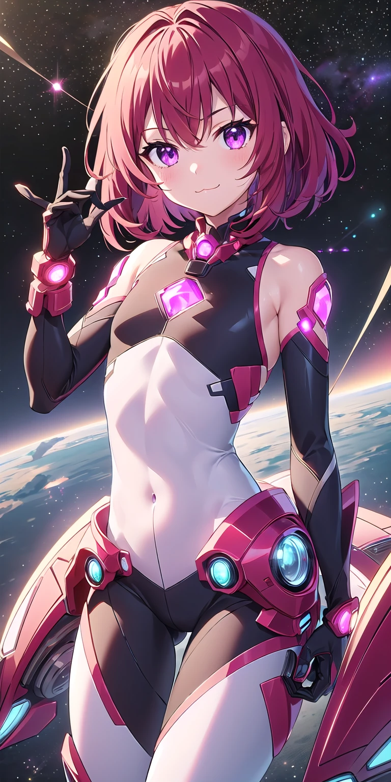 1girl, solo, tailred, medium hair, red hair, perfect face, purple eyes, looking at viewer, cute, smile, :3, uwu, closed mouth, thin, flat chest, white latex bodysuit, black elbow gloves, space in background, cowboy shot, scifi, masterpiece, high resolution, best quality,