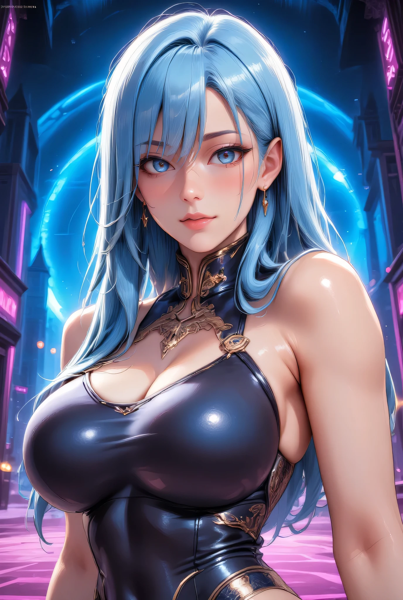 Blue eyes and long straight light blue hair girl wear tanktop big breast front pose , crypto background rich, no accessories, no earrings, proportional body, booty, pale skin