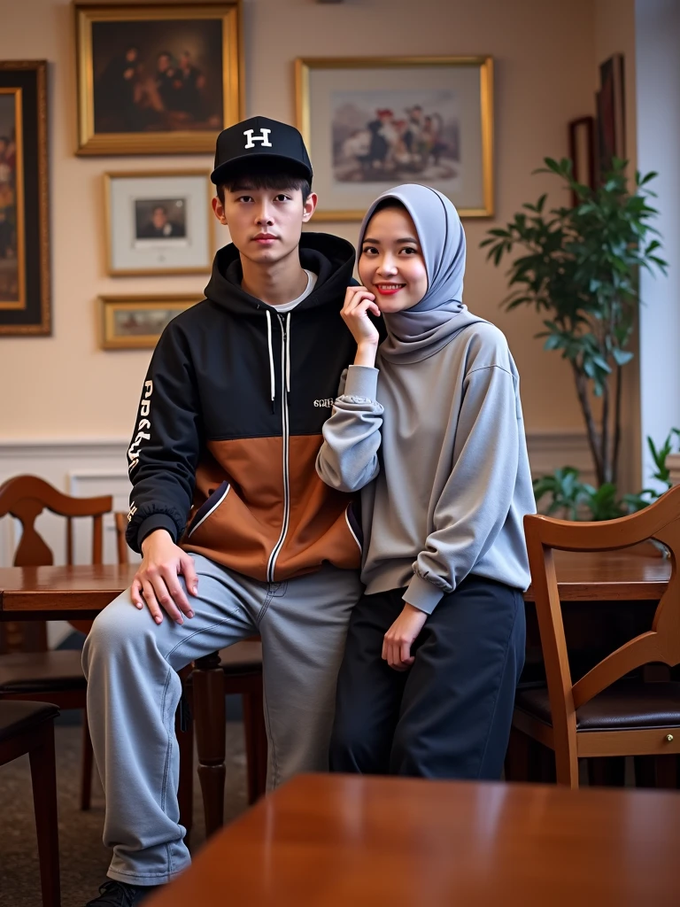 Ayonima selfie photo of a couple from Indonesia, 19 year old man, neat two block bangs, clean skin, full body, wearing a dark blue hoodie, jeans, black shoes and 19 year old Sundanese woman, clean skin, white triangular hijab, clothes White robe, standing next to a dark yellow textured wall, intricate details, 8k, real human, photography, Leica camera