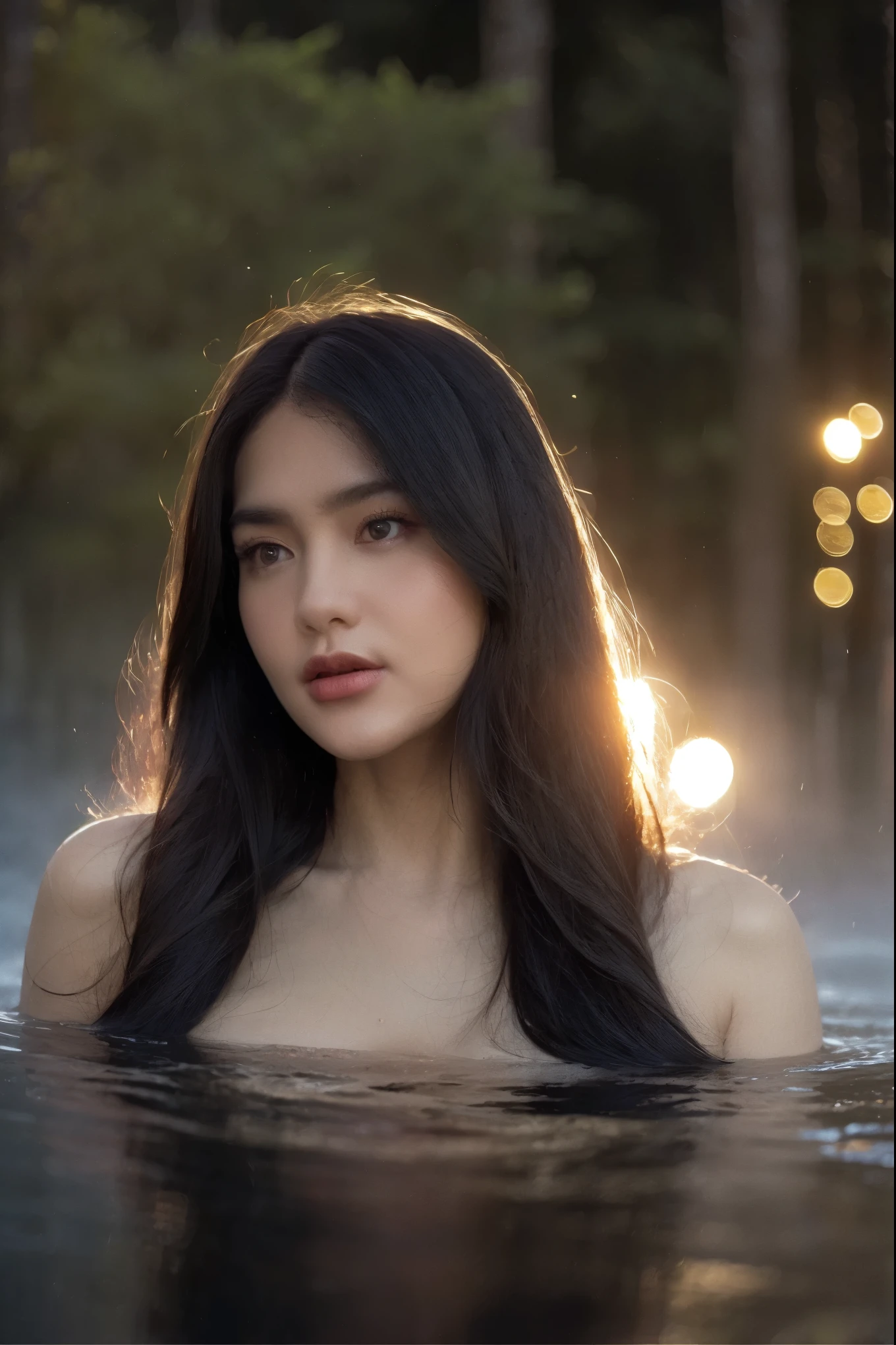 (masterpiece, best quality:1.2, 8k RAW photo, cinematic, high detailed photograph, natural soft lighting, photorealistic, realistic, mystic atmosphere), a full body photograph of a young beautiful female forest ghost with medium breast, ((bare naked, fully nude)), (((coming out of the deep foggy lake, in a natural foggy forest, thick fog))), (heavy rain:1.5), temptating, seducing, hypnotizing viewer to join her in the spirit world, (((mystical night scene)))