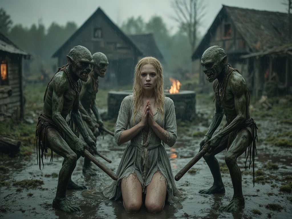 Part 6 : ((  High definition ,   in an ultra-detailed frame  )),  ((   focusing on the subtle details and atmosphere of the scene))spring,   Rainy weather  ,  medieval themes , naked beautiful,  horror is visible on her face  , arras: - thick  , green,  naked with huge batons in her hands  ,   have sharp teeth  , long claws,  disgusting face . 
  1- In the background we see a burning village in the swamp  ,   the square with a stone well in the center of the square  ,   small burning wooden houses , moss covered;
Goblins ;
 - three Goblins surrounded a blonde girl in torn dirty and wet medieval linen clothes,  grey ragged  ,   a leaking blouse and a torn flowing gray skirt ,  exposing her bare feet ,  wet and dirty in the swamp  ,   with a beautiful face curly blonde  ,   long hair ,   pale pink dirty skin  ,  skinny girl with big beautiful breasts ,  round ass , ,  The girl is kneeling with her legs wide open  , with hands,  pressed to her chest in a prayer position ,   on the very beautiful face of a girl with plump cheeks and reddened cheeks in freckles ,   expresses agony fear  ,   horror and despair  .