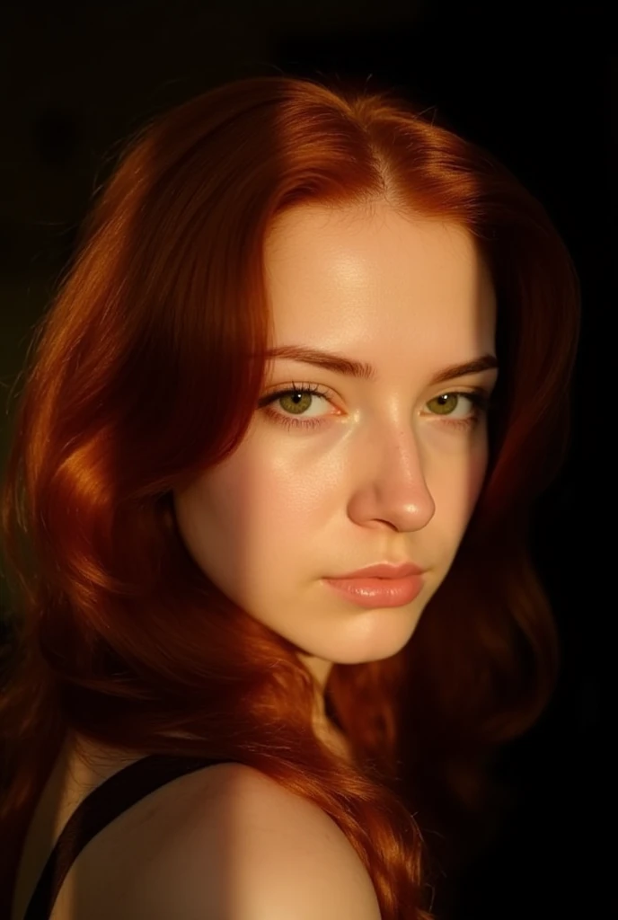 Phenomenal photographic portrait. , canon 3.5mm, f1.6, of an beatifull, red hair woman  looking into the camera..  sunlight enters the room and illuminates the right side of her face. The light is found, low key, set to a wide F1.5 aperture, .  Rays of light, strong chiaroscuro, 